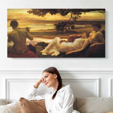 Reclining Figures at Sunset by Frederic Leighton — single-panel canvas shown above a seated person