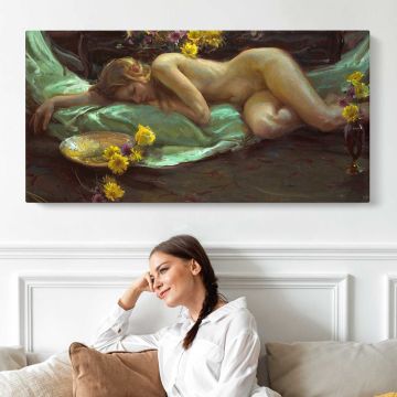 Reclining Woman with Flowers by Daniel Gerhartz — single-panel canvas shown above a seated person