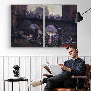 Riverfront beneath a Stone Bridge - two-panel canvas displayed in a reading room