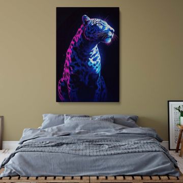 Futuristic big cat canvas print showcasing a neon-lit leopard in a dynamic pose, a striking and electrifying jungle animal wall decor piece ideal for adding bold character to gaming rooms, creative spaces, or modern interiors with a vibrant aesthetic.