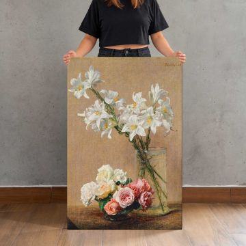Roses and Lilies (1888) by Henri Fantin–Latour canvas print, canvas shown with a person for scale