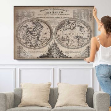 Rotating Hemispheres of the Earth by J. Emslie - single-panel canvas shown with a person for scale