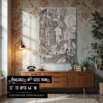 A highly detailed wall canvas print of Round Tower by Giovanni Battista Piranesi, featuring soaring arches, massive stone walls, and intertwining staircases rendered in masterful black and white etching. This complex architectural fantasy evokes a sense o