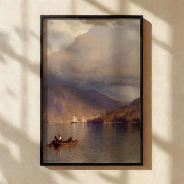 Landscape canvas wall art of a calm river with mountain backdrops, based on Samuel Colman's Storm King on the Hudson. The scene features gentle waves, soft lighting, and two figures rowing across the water. White sailboats float in the mid-ground, adding 