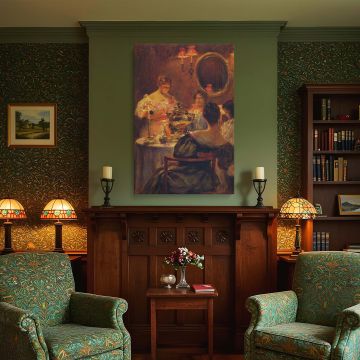 Historical interior canvas print of Russian Tea by Irving Ramsey Wiles, featuring a group of women in elegant evening attire illuminated by softly glowing lamps. The warm tones of brass, rose, and ivory dominate the color palette, while the mirror behind 