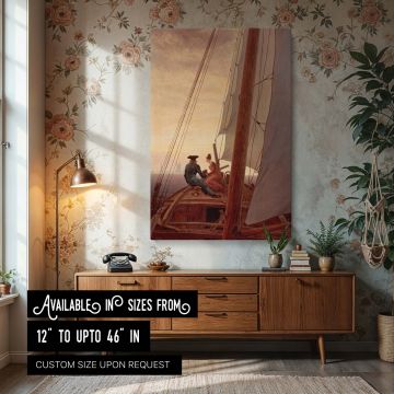 A canvas wall print of Friedrich Caspar David's "On a Sailing Ship," depicting a romantic moment aboard a wooden vessel at sea. The image shows two figures seated close together on the ship's deck, bathed in the warm glow of a setting sun. Tall sails rise