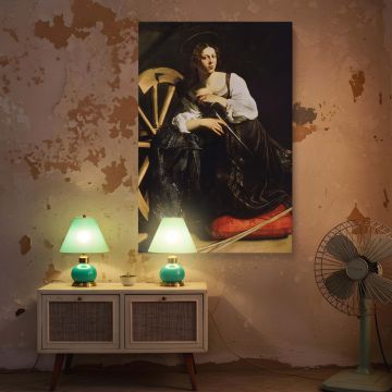 Religious canvas wall art of Saint Catherine by Caravaggio depicting a moment of quiet power, with the saint shown in graceful pose beside her martyrdom wheel and wearing a halo, created in soft yet dramatic tones with sacred symbolism.