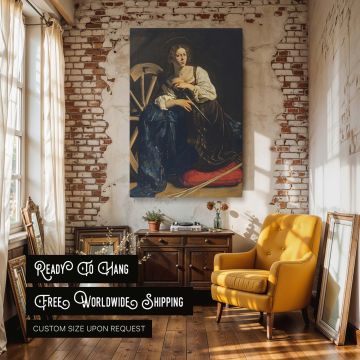 Religious canvas wall art of Caravaggio's Saint Catherine of Alexandria portraying the young saint in calm contemplation, clothed in rich velvet, illuminated against a dark background with symbols of faith and suffering, perfect for sacred and classical c