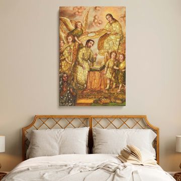 Timeless Christian canvas print of Saint Ildephonsus receiving his chasuble, with heavenly angelic figures and radiant gold leaf accents, printed on high-quality canvas, perfect for faith-inspired home decor or religious spiritual retreats.