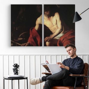 Saint John the Baptist by Caravaggio - two-panel canvas displayed in a reading room