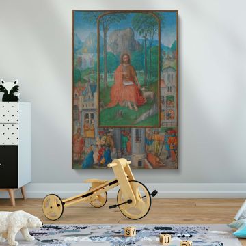 Illuminated manuscript art print on framed canvas, depicting scenes from the life of Saint John the Baptist, a medieval religious artwork perfect for Christian home decor, chapel displays, prayer rooms, or collectors of sacred historical paintings.