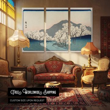 Sakura Namiki Zu , Vintage Japanese Illustration by Hiroshige Andō - multi-panel canvas displayed in a classic lounge