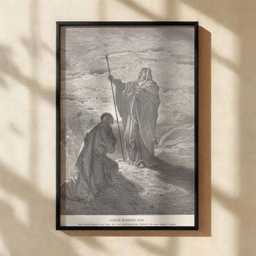 This black and white canvas wall art depicts Gustave Dore's rendering of the biblical moment where Samuel blesses Saul. Saul kneels in humility, while Samuel raises his staff as a sign of divine commissioning. The engraving uses dramatic contrast and fine