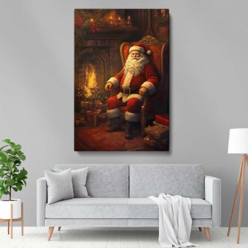 Holiday wall art painting of Santa Claus seated comfortably in a luxurious red chair by a warm fireplace, holding gifts, with Christmas decorations, flickering candles, and wrapped presents, creating a magical winter holiday ambiance for home or office.