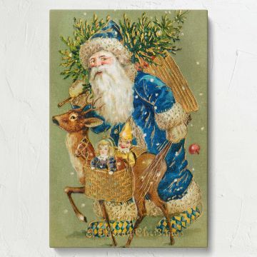 Victorian Santa framed Christmas canvas print featuring a festive 1900s holiday card design with Santa, reindeer, and classic gold accents, a nostalgic Christmas artwork perfect for holiday lovers, collectors, and winter decorating.