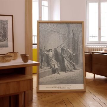 Biblical tension is at the center of this canvas wall art based on Gustave Dore's engraving of Saul attacking David. David shrinks away from the thrust of a spear, while Saul steps forward with aggression. The palace backdrop and detailed robes emphasize 