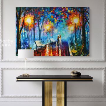 Misty Mood Night Walk in Rain Oil Painting by Leonid Afremov Canvas Wall Art