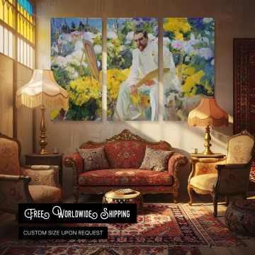 Seated Man in a Flower Garden - multi-panel canvas displayed in a classic lounge