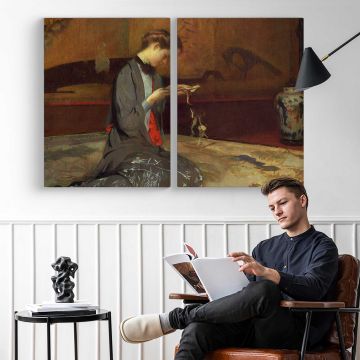 Seated Woman beside a Bed - two-panel canvas displayed in a reading room