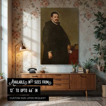 Canvas wall art featuring Sebastian Garcia de la Huerta by Diego Velazquez, depicted in clerical black robes holding a letter, rendered in masterful baroque style with realistic detail, ideal for vintage decor and lovers of historical Spanish portraiture.
