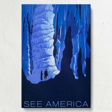 Captivating wall art of two hikers exploring a deep blue ice cave with massive icy stalagmites, celebrating the awe-inspiring beauty of nature and the spirit of adventure in a bold and vibrant artistic piece for nature lovers.