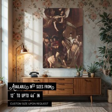 Dramatic classical canvas wall art showing Caravaggio's Seven Works of Mercy with each biblical deed represented by realistic human interaction beneath a red-draped sky, providing narrative richness and theological beauty.