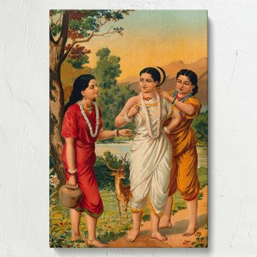 Traditional Indian chromolithograph showing Shakuntala and her friends in a forest, surrounded by greenery and a deer, painted in intricate patterns and vibrant colors by Raja Ravi Varma, celebrating friendship and mythology.