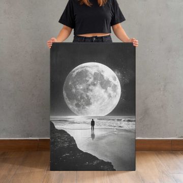 Silhouette beneath a Galaxy Sky canvas print, canvas shown with a person for scale