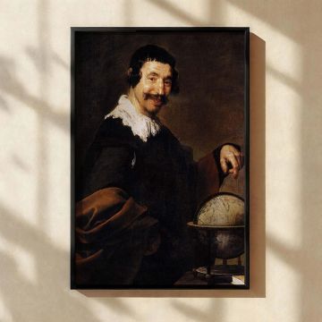 This canvas wall art features a baroque painting by Velazquez of a cheerful man posed with a globe, symbolizing exploration or scholarship, dressed in traditional Spanish noble attire, making it a refined and engaging piece of classical wall decor.
