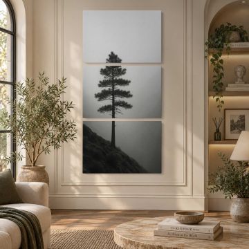 Solitary tree in misty landscape canvas print, interior display view