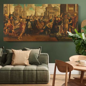 Solomon and the Queen of Sheba by Jan van Scorel and Jan Swart van Groningen — single-panel canvas above a green sofa