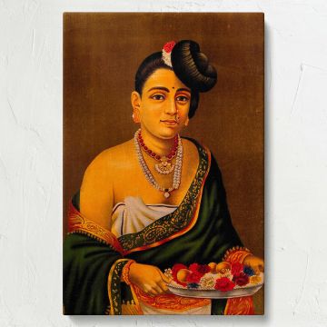 Stunning chromolithograph featuring a Nayar woman in a green sari with golden details, wearing layered pearl jewelry and a unique hairstyle, holding a plate of fruits and flowers, symbolizing Indian heritage and timeless artistry.