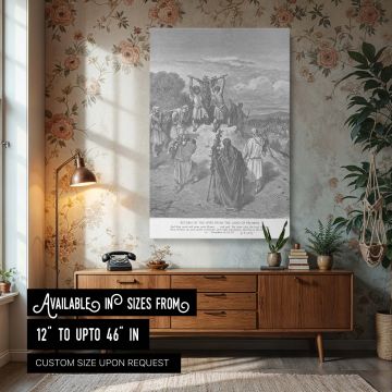 This striking wall canvas depicts the spies returning from the Promised Land, featuring two men lifting a giant grape cluster, surrounded by onlookers and rolling landscape, illustrating both divine promise and human hesitation.