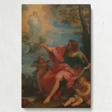 Religious wall art of Saint John the Evangelist on Patmos by Carlo Maratta, a Baroque painting with vibrant hues, detailed cherubs, and symbolic themes of divine inspiration, reproduced on canvas for elegant and meaningful wall decor.