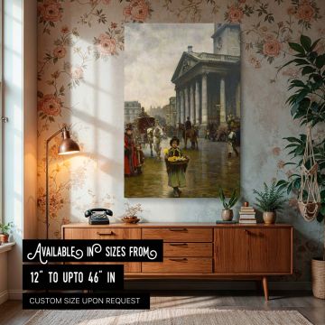 Canvas wall art print of St Martin-in-the-Fields by William Logsdail depicting a busy Victorian London street scene with a young flower girl in the foreground, horses and carriages lining the street, and the majestic neoclassical church of St Martin-in-th