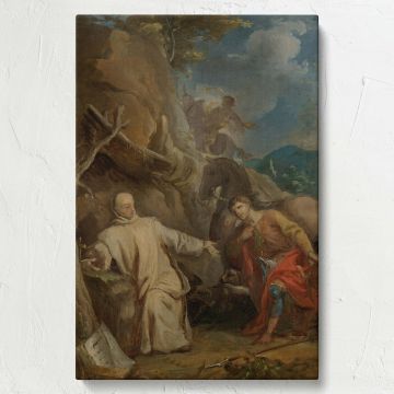 Premium wall canvas of Saint Martin Kneeling in Front of an Eremitic Monk by Louis Galloche featuring a dramatic Baroque composition with vivid colors, spiritual storytelling, and serene details for inspiring and meaningful decoration.
