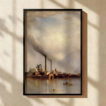 Vintage harbor canvas wall art based on Samuel Colman's Storm King on the Hudson, showing a riverside lined with steamboats and industrial vessels under a cloudy, luminous sky. The quiet reflection on the water and subdued tones of grey, brown, and blue e