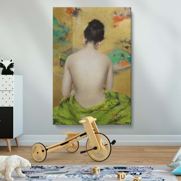 Impressionist nude painting by William Merritt Chase, featuring a seated Japanese woman with a bare back and green kimono, classic fine art print on canvas, perfect for elegant bedroom wall decor, vintage-inspired interiors, or art collectors.
