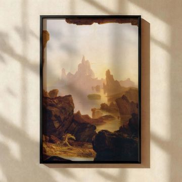 This canvas wall print features The Subsiding of the Waters of the Deluge by Thomas Cole, a painting that captures the moment after the flood waters have receded, exposing a vast and rocky landscape. The soft golden hues of the sky contrast with the dark,