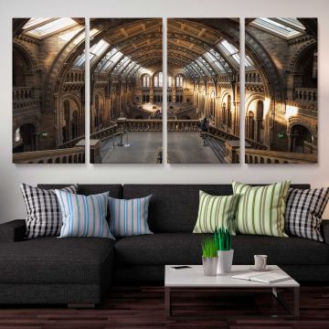 Sunlit Hall at the Natural History Museum — three-panel canvas arrangement above a sofa