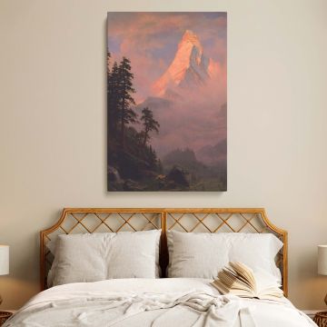 Sunrise on the Matterhorn canvas wall art featuring Albert Bierstadt's mountain landscape painting with misty valleys and warm golden light, a perfect nature-inspired decor piece for home, office, cabin, or adventure-themed interiors.
