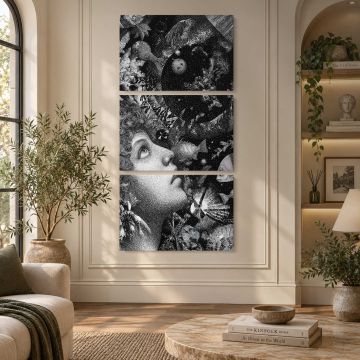 Surreal Underwater Dreamscape — Woman and Fish canvas print, interior display view