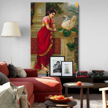 A Swan Telling Damayanti of Nala's Love canvas wall art, a chromolithograph by Raja Ravi Varma, a vintage Indian mythology painting, printed on high-quality stretched canvas, perfect for home, office, or meditation space decor, ready to hang.
