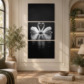 Swans Forming a Heart in Monochrome canvas print, interior display view