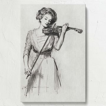 Stunning canvas print of Sweetest Story Ever Told (1910), a classic Charles Dana Gibson illustration of a woman violinist, a perfect wall art addition to elegant, artistic, and vintage-inspired home, bedroom, living room, or office interiors.