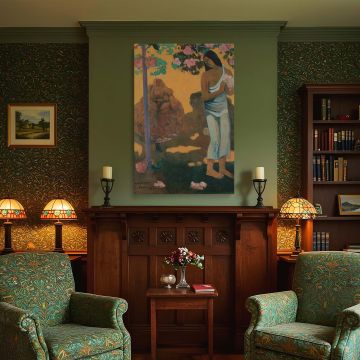 Paul Gauguin's iconic 1899 painting "The Month of Mary" reveals a barefoot Tahitian woman in a white wrap beneath a colourful flowering tree. The rich, painterly style and bold color palette create a calming yet vibrant display suitable for bedroom or stu