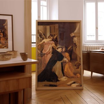 The Temptation of St. Thomas Aquinas by Velazquez as canvas wall art captures moral purity and divine aid with baroque finesse, showing the saint kneeling between angels in a solemn moment, suitable for religious study, chapel, or classic living room wall