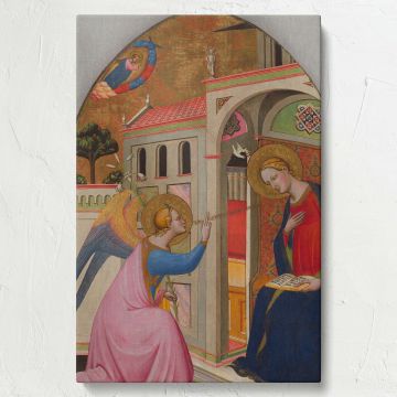 The Annunciation painting print by Tommaso del Mazza, a sacred Christian artwork depicting Angel Gabriel and Virgin Mary, beautifully reproduced on high-quality canvas, perfect for historical art collectors and religious-inspired wall decor.