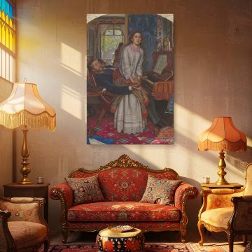 William Holman Hunt's The Awakening Conscience as canvas wall art showing a woman in mid-revelation rising from a man's lap in an ornate Victorian parlor filled with symbolic details, a dramatic and meaningful piece of historical and moral visual storytel