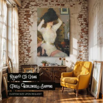 Romantic canvas wall print of Frank Weston Benson's impressionist masterpiece, capturing a young woman in a glowing white gown as she adjusts a wide black hat before a background of softly blurred vintage furniture and delicate floral touches. Her refined